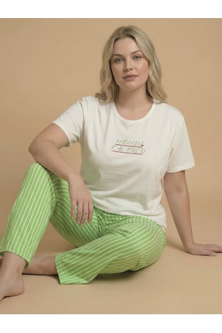 Wordex Mirano 4510 Çizgili Pijamalı Kısa Kollu Penye Büyük Beden Kadın Pijama Takımı Ekru