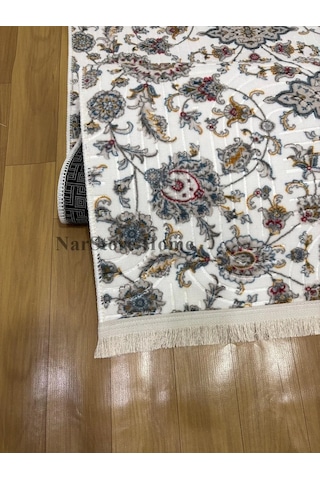 Otantik Çiçekli Desen Saçaklı Mavi Krem Kaymaz Taban Yıkanabilir Kesme Yolluk Halı Çok Renkli