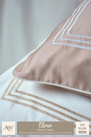 Nazik Saten Nevresim Takımı Çift Kişilik Biyeli Elvin Gri Krem