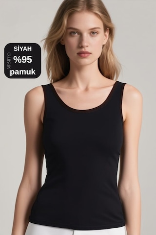 Mrmpro Kadın Lacivert Fitilli Görünümlü Kalın Askılı Basic Atlet Body %95 Pamuk Siyah
