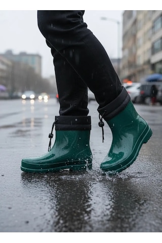 Konçlu Peluşlu Unisex Potin Kadın Yağmur Botu 36-40 Yeşil Yeşil