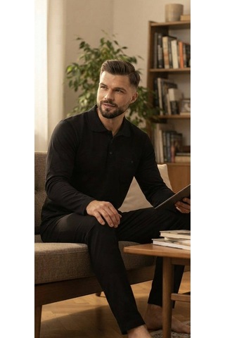 Erse %100 Pamuk Selanik Örme Uzun Kol Erkek Pijama Takımı Kışlık - 9019399256128 Siyah
