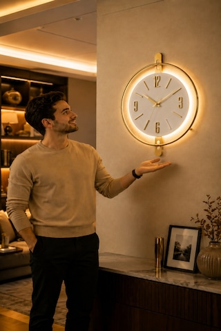 Pey Aksesuar Metal Ve Işığın Muhteşem Uyumu Duvar Saati Dekoratif Ahşap-m54-gold-beyaz-akça-gold