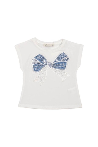 Escabel Kız Çocuk Fiyonklu İşlemeli T-shirt-15638 Beyaz