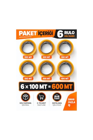 100 Metre Koli Bandı 6'lı Paket Akrilik Yapışkanlı Şeffaf Paketleme Ve Kutu Bandı 6 Adet