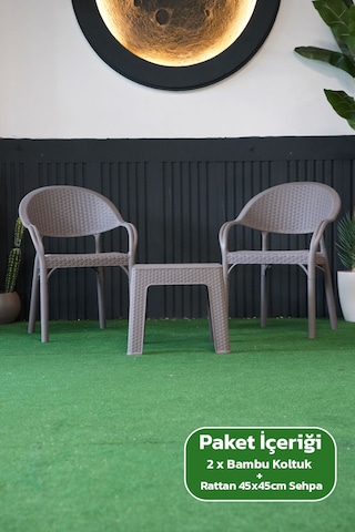 Bambu Rattan Görünümlü Sehpalı Set 2 Adet Koltuk + 45 Cm Sehpalı Sandalye Seti Gri