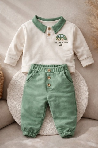 Uğur Bebe Erkek Bebek Polo Yaka 2 Li Takım Uzun Kollu Üst Ve Lastikli Pantolon %100 Pamuk Ekru Yeşil Ekru Yeşil