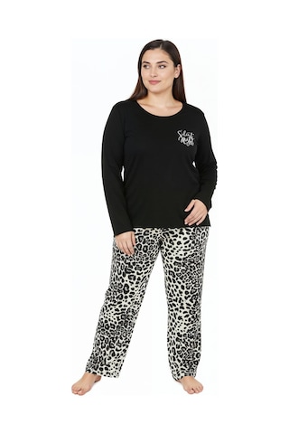 Bravie Üstü Yazılı Altı Leopar Desenli Elite Viscose Uzun Büyük Beden Pijama Takımı Siyah 3588 Siyah