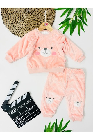 Cute Bear Suratlı Omuzdan Çıtçıtlı Welsoft İçi Astarlı 2 Parça Takım Nar Çiçeği