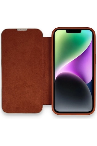 Apple Uyumlu iPhone 13 Pro Kapaklı Kılıf Parmak Izi Bırakmaz Dışı Deri Içi Süet Tasarım Kahverengi