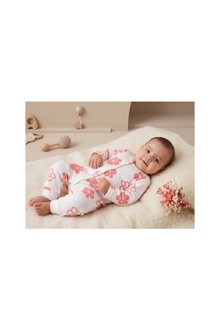 Deniva Kids Kız Bebek Çiçek Desenli Fitilli Kaşkorse Pamuklu Uzun Kollu Tulum - Beyaz 6 - 9 Ay