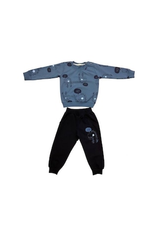 Erkek Bebek Dinazor Baskılı Pamuklu Eşofman Takım-15176 İndigo