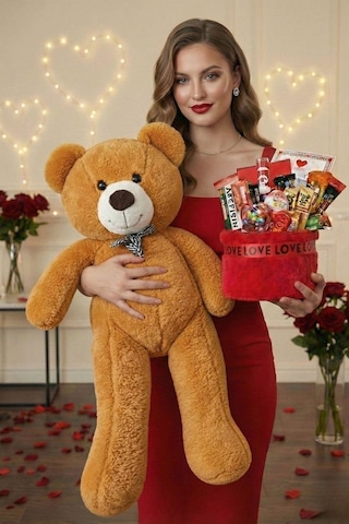 Sevgililer Günü Özel: 90 Cm Peluş Ayı Kırmızı Love Yazılı Tatlı Çikolata Sepeti Sevgiliye Hediye