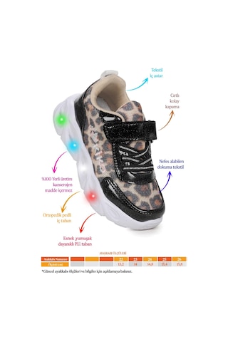 Kiko Kids Teno Leopar Desenli Cırtlı Işıklı Kız Bebek Spor Ayakkabı Siyah