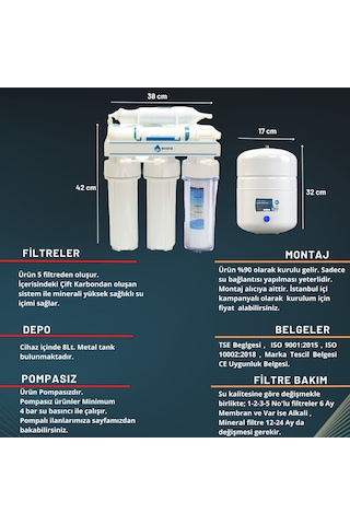 Açık Kasa 5 Filtreli 8 L Çelik İçli Pompasız Su Arıtma Cihazı