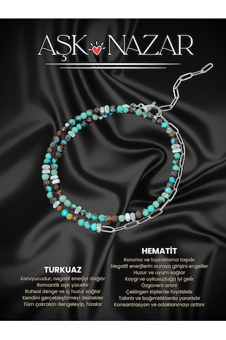 Sertifikalı Turkuaz Ve Hematit Doğal Taşlı Çelik Bileklik Mavi