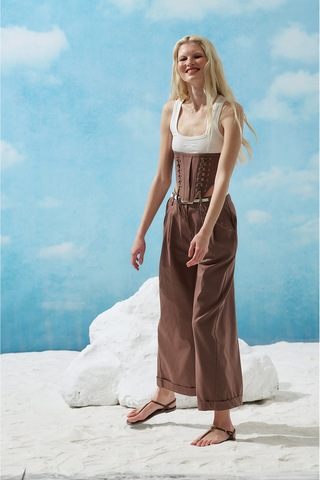 Sagaza Studio Ss6153 Kemerli Cep Detaylı Bol Pantolon Kahve