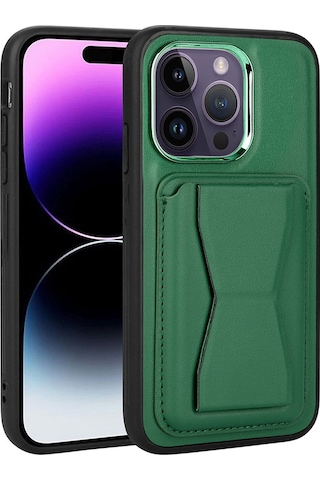Apple iPhone 14 Pro Uyumlu Kartlıklı Standlı Pu Deri Memo Kılıf-koyu Yeşil Koyu Yeşil Koyu Yeşil