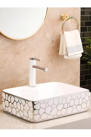 Yuen Banyo Lavabosu Tezgah Üstü Çanak Banyo Lavabosu Doğal Taş Gümüş Desenli 48x37x14 Ölçülerinde Krom