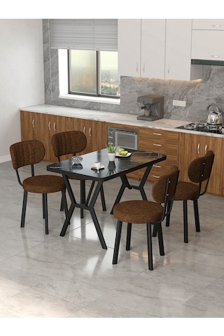Azra 70x110cm Bendir Mutfak Masası, Mutfak Masası Takımı, Yemek Masası, 4 Kahverengi Sandalye Kahverengi