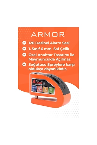 Armor Alarmlı Motorsiklet Disk Kilidi Çelik Gövde 606 Mva 6mm-turuncu