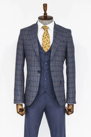 Ekose Ceketli Slim Fit Mavi Erkek Takım Elbise - Wessi Mavi