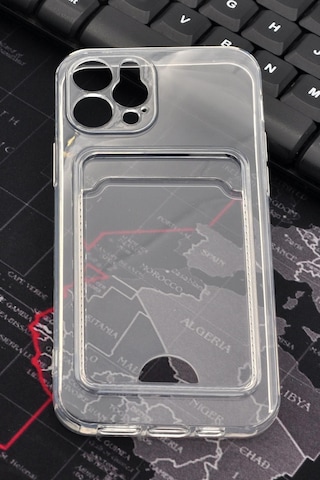 Apple Uyumlu iPhone 12 Pro Kredi Kartlıklı Şeffaf Kılıf Kamera Korumalı