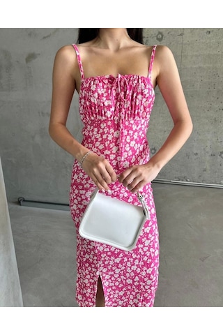 Kazax Kaşkorse Desenli Askılı Elbise Pembe