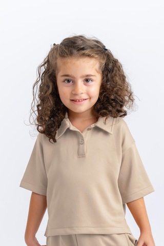 Oliventhekid Unisex Polo Yaka Bol Paçalı Takım Bej Bej