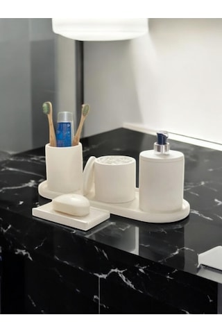 Mermer Desen Kırık Beyaz Beton Banyo Aksesuar Seti,tepsi,katı Ve Sıvı Sabunluk,pamukluk Beyaz