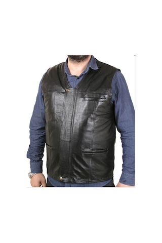 Hakiki Deri Siyah Harrington Fermuarlı Erkek Deri Yelek Kahverengi