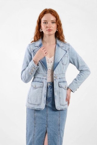 Kadın Uzun Kollu Tek Düğmeli Jean Ceket Açık Mavi
