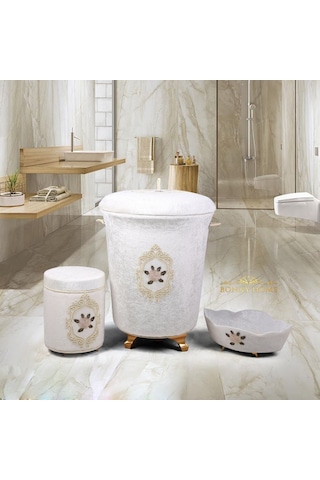 Shems Krem 3Lü Kadife Banyo Kirli Çamaşır Sepeti Seti Krem