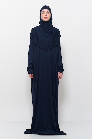 Pratik Tek Parça Pamuklu Yarasa Kollu Tak Çıkar Başörtülü Tesettür Namaz Elbisesi Koyu Lacivert Çok Renkli