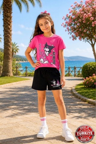 Kidsmadamiko Kuromi Baskılı Kız Çocuk Şort Tişört Takım - %100 Fuşya