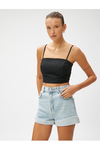 Koton Keten Karışımlı Crop Bluz Siyah 3sak30007pw 3SAK30007PW999