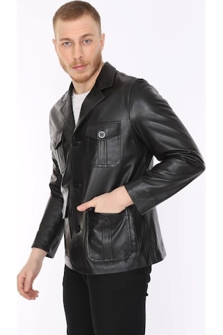 Hakiki Deri Siyah Blazer Cepli Erkek Deri Ceket Siyah