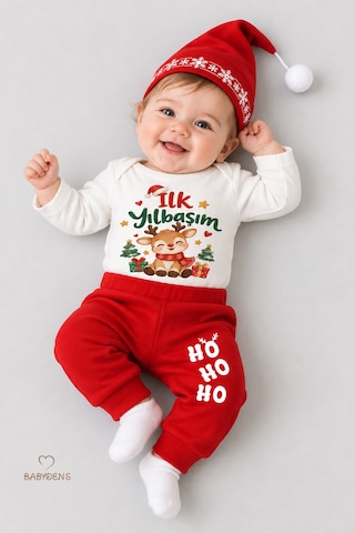 Babyden's Bebek Yılbaşı Takımı İlk Yılbaşım Baskılı Noel Kıyafeti %100 Pamuk 3'lü Body Pantolon Noel Şapkası Yılbaşı Kostüm Beyaz - Kırmızı