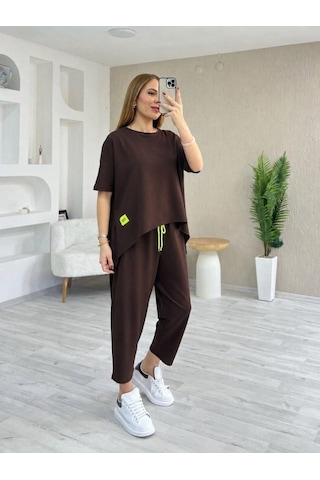 Alyn Wear Kadın Kısa Kollu Bisiklet Yaka Viskon Iki Iplik Bluz Ve Pantolon Ikili Takım Kahve