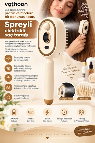 Elektrikli Spreyli Saç Tarağı 300 Mah Type C Şarjlı İnce Spreyli Antistatik Bakım Fırçası 77178765