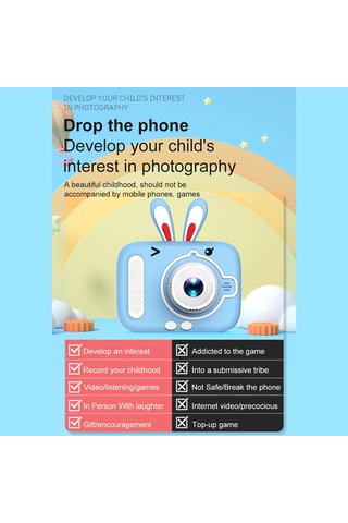 Vkemall Mavi Tavşan Desenli Çocuklar İçin Dijital Kamera - 1080p Video, 20mp Fotoğraf, 2.0" Ips Ekran, Oyun Ve Selfie Özellikleri, Dahili Li-poly Batarya