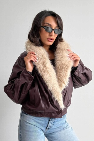 Verymoda Yakası Kürklü Kruvaze Deri Mont F2050 Bordo