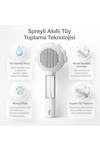 Spreyli Kedi Köpek Tüy Toplama Fırçası - Su Hazneli Kendinden Temizlemeli Tarak - Paslanmaz Çelik Uçlu - Masaj Et
