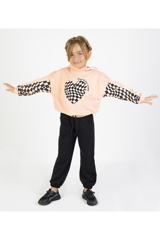 Kız Çocuk İki İplik Kumaş Orta Kalınlıktaa Baskılı Örme Basic Eşofman Takımı Somon