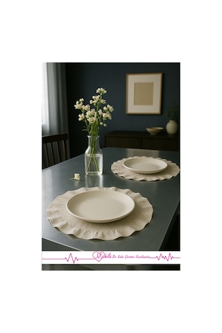 Ham Organik Keten, 40x40cm 2 Adet %100 Pamuklu Fırfırlı Daire Supla, Şık Tasarım, Dekoratif Kullanım Bej