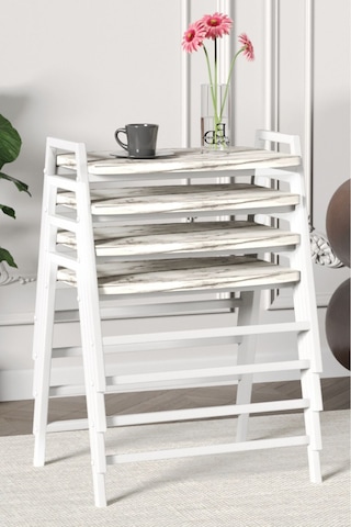 Zigon Sehpa , Aden 4'lü Tepsi Zigon Sehpa Takımı Beyaz Metal - Beyaz Mermer Tabla Beyaz-beyaz Mermer