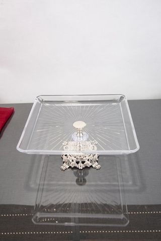 Argkristal Madlen Kare Servis Ve Sunum Tabağı Gümüş Detaylı Metal Ayaklı 24x24x14 Gümüş