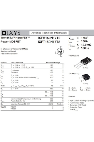 Ixfh150n17t2 175v, 150a, 12mohm Power Mosfet