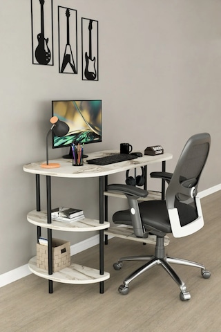 120 Cm Çalışma Masası Bilgisayar Masası 2 Raflı Kitaplık Ofis Ders Masası Ahşap Metal Ayaklı Beyaz Mermer