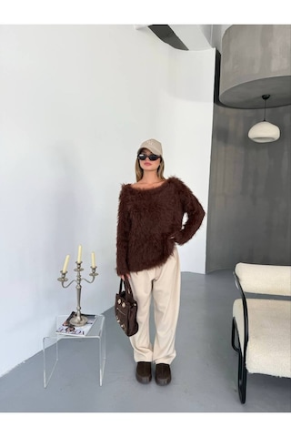 Kechi Woman Tüylü Triko Kazak Kahverengi